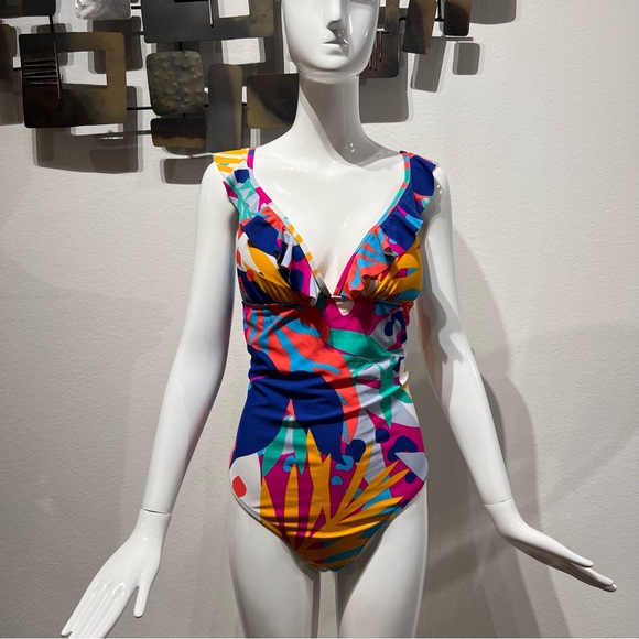 J.Crew Ruched Ruffle One-piece V-Neck Swimsuit Preppy Multicolor Size XL - Picture 2 of 11